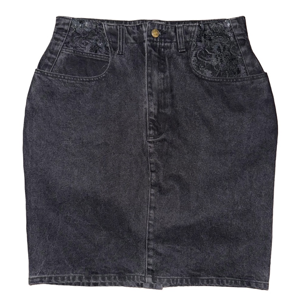 Vintage Jordache Washed Black Denim Pencil Skirt Lace Western Cowgirl Pinup